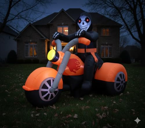6 ft Halloween Inflatable Skeleton Motorcycle with LED Lights Yard Decor