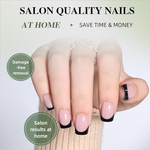 Black French Tip Press On Nails Kit - Short Square Fake Nails with Glue & Tools - Variation 7C Bare Eclipse