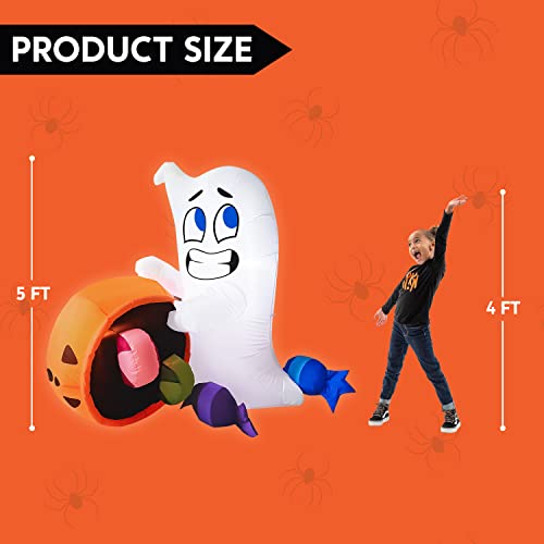 5 Ft Halloween Inflatable Ghost with Candy Pumpkin Cauldron Yard Decor