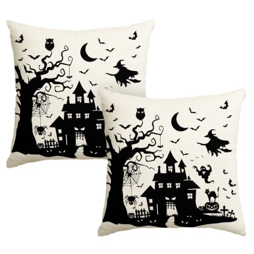 Halloween Dead Tree Haunted House Throw Pillow Covers 18x18 Inch - Pack of 2, White