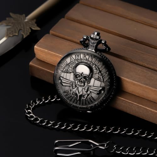 Black Obsidian Scrying Mirror in Pocket Watch Shell Halloween Skull Variation