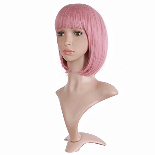 12 Inch Lady Short Straight Flat Bangs Bob Wig - Rouge Pink