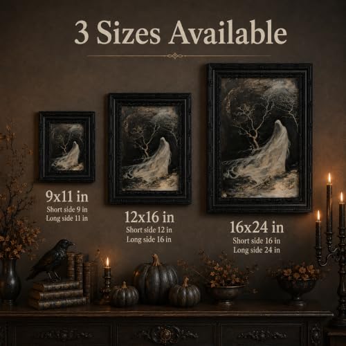 Ghost Wall Art Canvas - Framed Halloween Ghost Scene, 11x9 Inches - Dark Gothic Decor