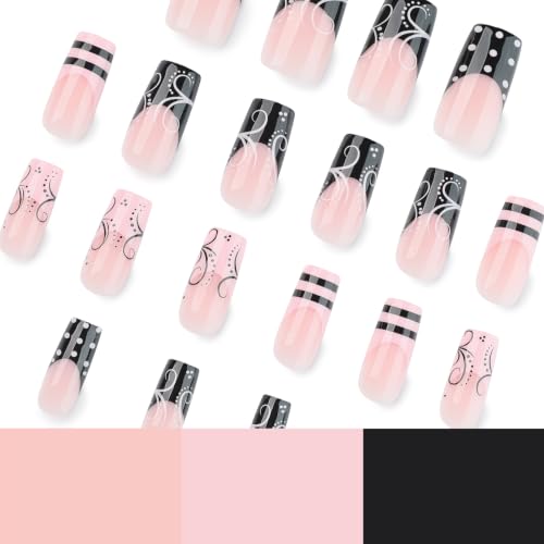 Pink Press On Nails Medium Length Square Black French Tip Vine Design - Variation A62