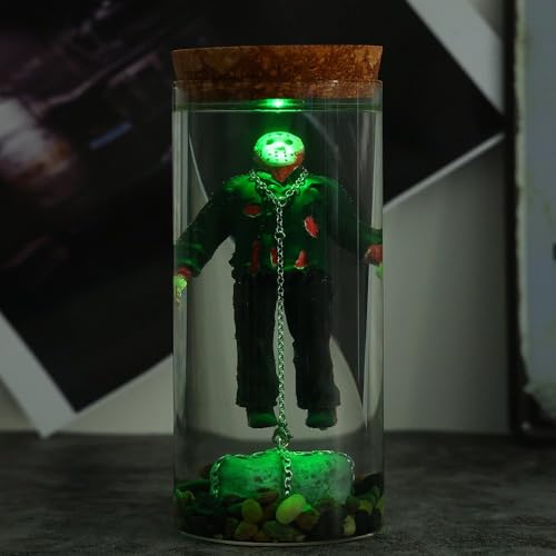 Horror Movie Ornament with Green LED Light - Jason in Glass Container - Unique Halloween Decor