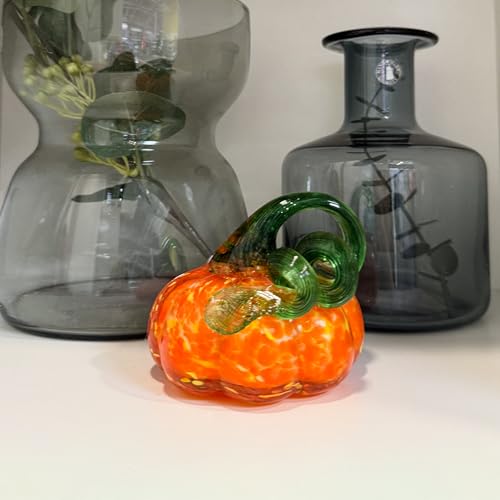 Orange Hand-Blown Glass Pumpkin Decor - 3.5 Inch Autumn Halloween Tabletop Figurine