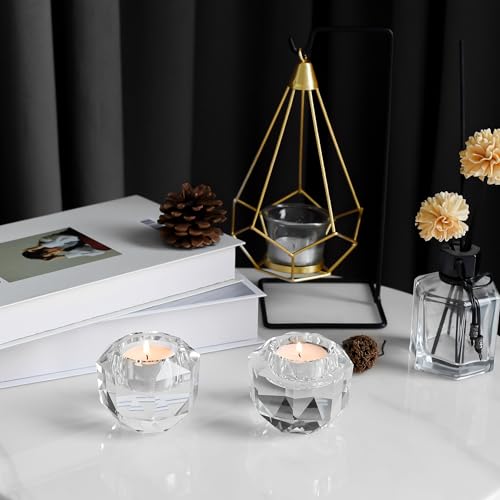 Crystal Tealight Candle Holders Pack of 2 - Handcut Faceted Design, 2.7x2.3 Inches Variation W2.7"×H2.3"