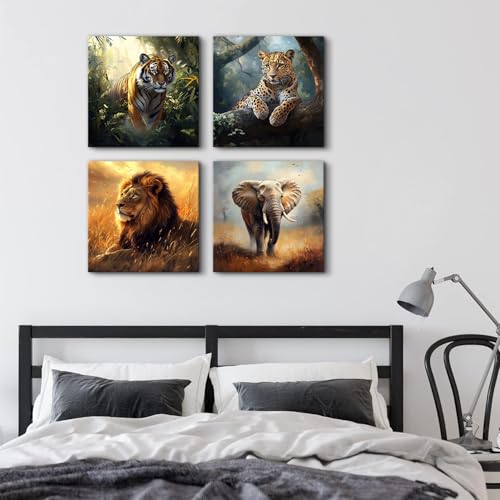 Wildlife Animals Canvas Wall Art Set - 16x16 Inch Safari Animal Decor for Living Room & Nursery - 4 Pieces - Elephant Lion Tiger Leopard - Jungle Wildlife Art