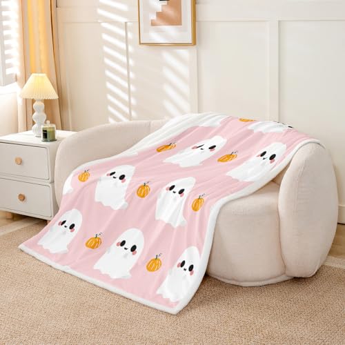 Queen Size Halloween Throw Blanket - Cartoon Ghost & Pumpkin Fleece 90x90 Inches - Multi 21