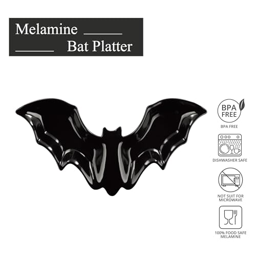 Bat-Shaped Melamine Serving Platter - Halloween Party Tray, Black, 16 x 8.5 Inch