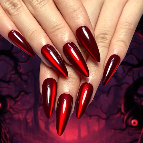 Halloween Press On Nails - Long Red Stiletto with Cat's Eye Design - Almond Style-22