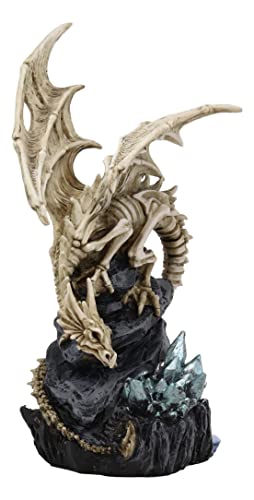 Gothic Skeleton Bone Dragon Statue with Crystal Cavern Decor - 10.25 Inch Fantasy Figurine