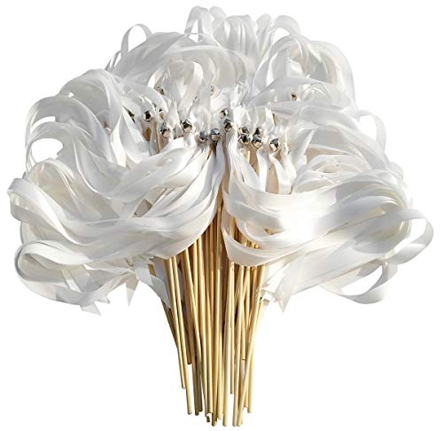50PCS Ribbon Wands with Silver Bell for Wedding Party Decor - Streamers & Fairy Wands