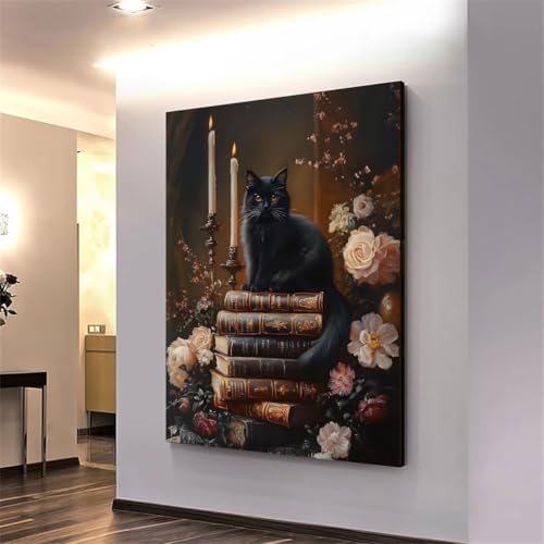 Dark Academia Wall Art Black Cat Vintage Book Floral Framed 16x12 inch