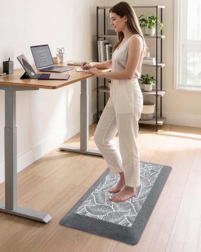 LUMI Anti-Fatigue Kitchen Floor Mat - Leaf Grey, 40 x 20 Inches, Extra Thick Cushioned