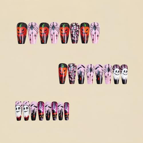 Halloween Coffin Press On Nails Set - Medium Tips with Horror Design - Variation A03