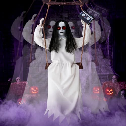 Halloween Hanging Ghost Girl Decoration with Sound & Lights - Black Hair Swinging Girl