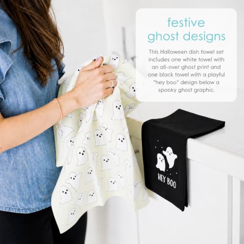 Halloween Ghost Dish Towels Set of 2 - Spooky Kitchen Decor, Hey Boo Ghost Design