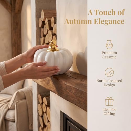 White Ceramic Pumpkin Decor - Halloween Table Ornament for Home & Holiday