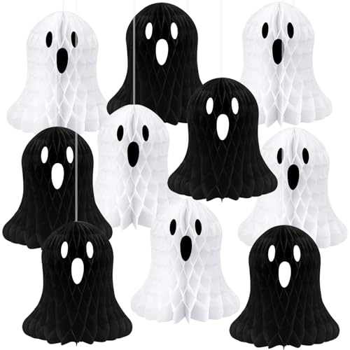 Halloween Ghost Decorations - 10 Black and White Honeycomb Hanging Decor