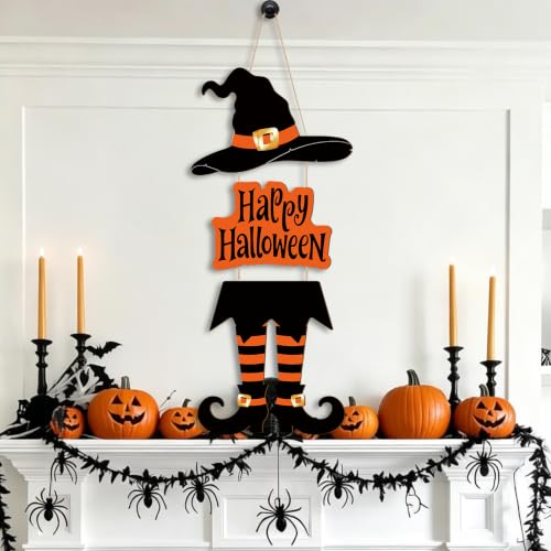 Large Orange Halloween Wooden Witch Door Wreath - Front Door Decor