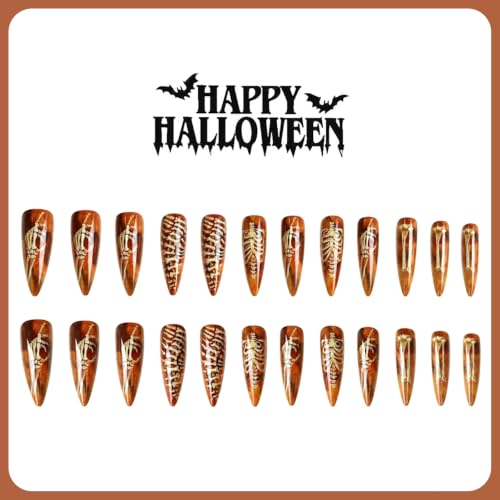 Halloween Amber Skeleton Stiletto Fake Nails Kit - Gothic Press On Nails, 24pcs