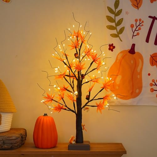 2ft Artificial Fall Maple Tree with 72 LED Lights - Warm White, Battery & USB Powered