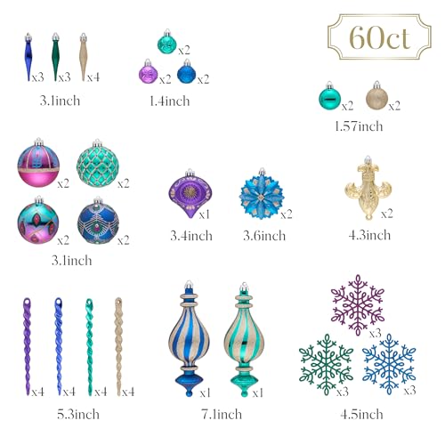 Peacock Blue Purple Green Shatterproof Christmas Tree Ornaments Set - 60pcs Holiday Decor