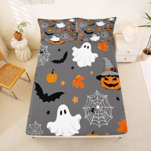Halloween Bats & Spider Web Fitted Sheet Set Queen Size - Kids & Adults