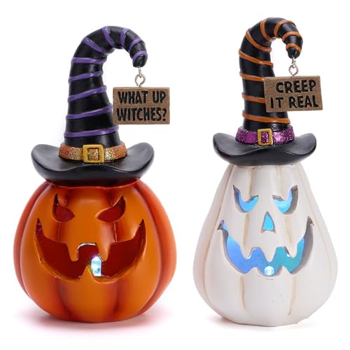 Medium Halloween Pumpkin Decorations Set - Resin Jack O Lantern Figurines with Light, Witch Hat, 5.7 Inches
