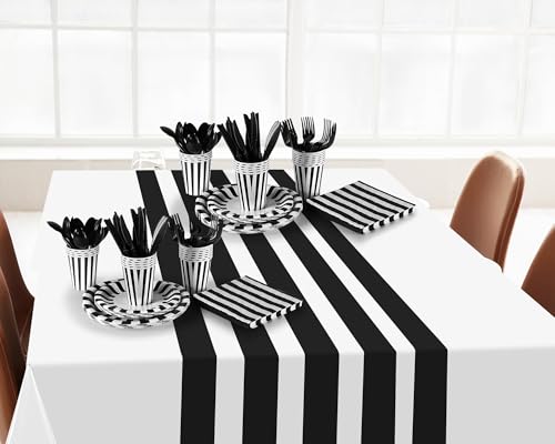 White Black Disposable Dinnerware Set for Parties - 154 Pcs Party Supplies with Napkins & Tablecloths