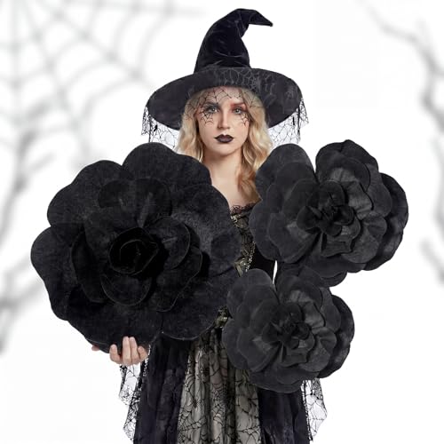 Giant Black Artificial Roses Set of 3 - Velvet Halloween Gothic Decor, 12-20 Inch Variation of Velvet Rose / Black