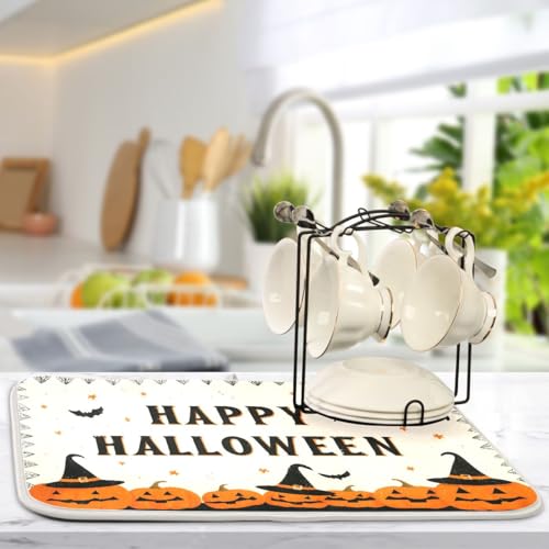 Halloween Pumpkin Witch Hat Dish Drying Mat 16x18 Absorbent Kitchen Protector - Halloween#03
