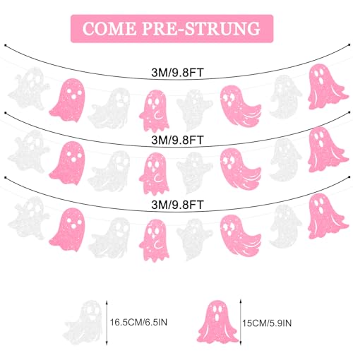 3 Pack Glitter Halloween Ghost Banner - Pink & White Hanging Decorations for Haunted House & Party