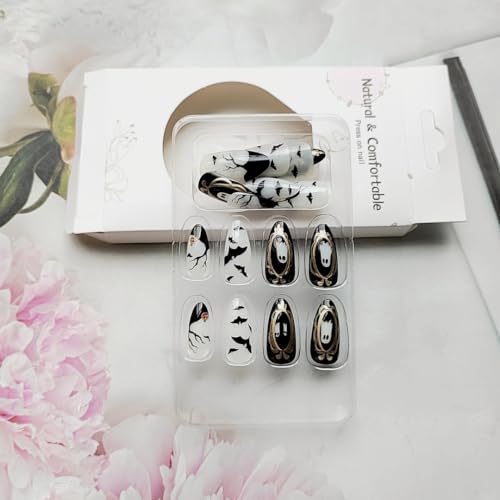 Halloween Press On Nails - Medium Almond Black Fake Nails with Gold Glitter & Ghost Design - Variation W11