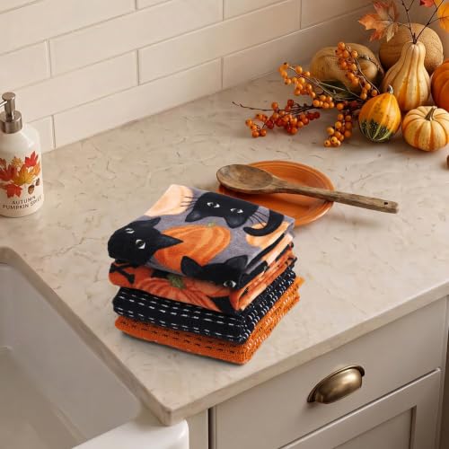 Carved Pumpkin Patch & Cat Peepers Halloween Kitchen Towel Set - 4 Pack