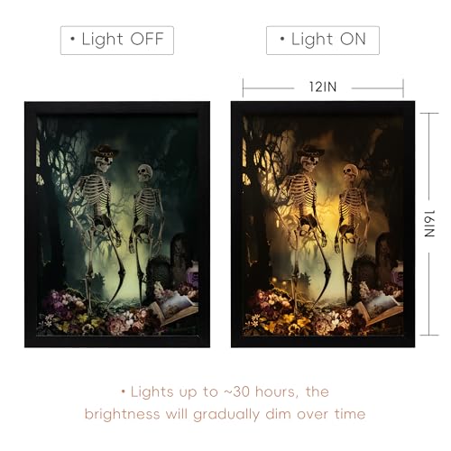 Spooky Skeleton Halloween Wall Decor with Built-In LED Lights - 16x12 Inch Frame