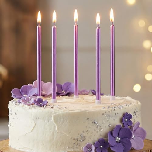 Purple Long Thin Birthday Candles - 24 Count Tall Cake Toppers with Metallic Luster - Party & Celebration Supplies