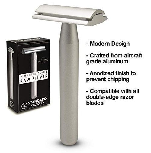 Standard Razors Aluminum Double Edge Safety Razor - Raw Silver | Three Piece Double Edge Safety Razor