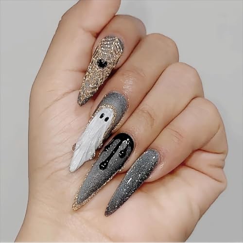 Halloween Press On Nails Long Black - 24 Pieces, Fall Style, Almond Shape