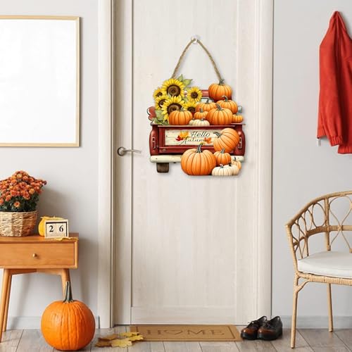Hello Autumn Harvest Car Welcome Sign - Fall Porch Door Wooden Decor with Pumpkins - Seasonal Farmhouse Style - Variation: Hello Autumn3
