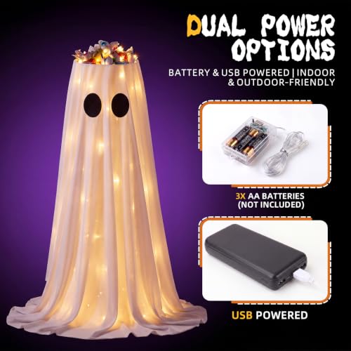 White 39 Inch Lighted LED Halloween Ghost Candy Bowl Stand with Remote & Timer