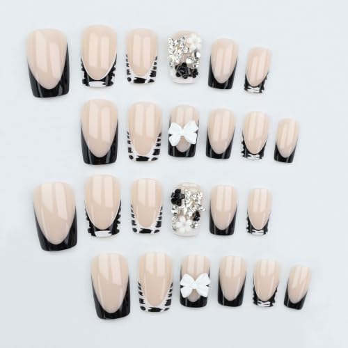 Black French Tip Press On Nails Medium Square Style-01 - Reusable Manicure Set