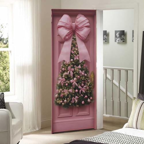 Pink Bow Christmas Door Cover - Stretch Fabric Holiday Porch Decor 35x79 in (Variation of THIS listing)