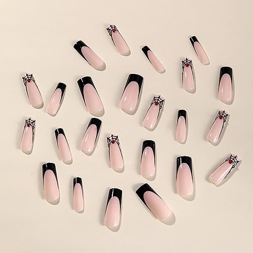 Halloween Press On Nails Long Square Black French Tip with Spider Web Design & Rhinestones - Variation W6, 24Pcs