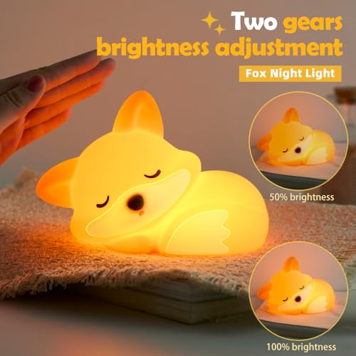 Orange Silicone Fox Night Light for Kids - Rechargeable Nursery Lamp with Timer