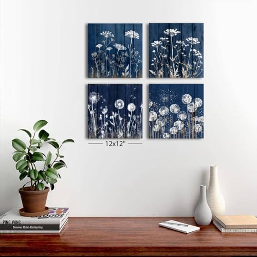 12x12 Inch Navy Blue Dandelion Wall Art Set - Rustic Botanical Canvas Prints - Farmhouse Boho Decor