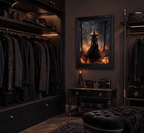 Halloween Flame Witch Canvas Wall Art - Black Framed 9x11in, Variation: Fire Witch