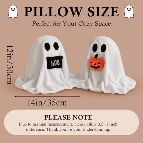 Halloween Ghost Throw Pillows - Set of 2 Soft Plush Ghost Shaped Cushions for Couch & Bed, 14 x 12 Inches