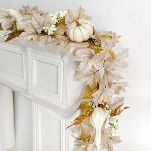 2 Pcs Fall Garland with Lights - 6Ft Autumn Leaves, Pumpkins & Berries for Home Decor